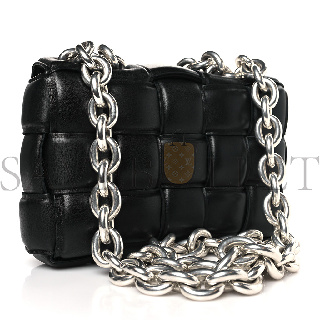 BOTTEGA VENETA LAMBSKIN MAXI INTRECCIO PADDED CHAIN CASSETTE CROSSBODY BAG BLACK (25*17*8cm)