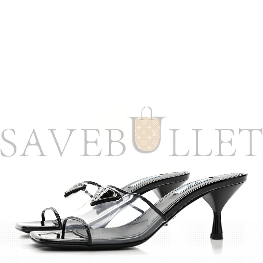 PRADA PLEXIGLASS VERNICE METAL TRIANGLE LOGO 65MM SLIDE SANDALS 36.5 BLACK