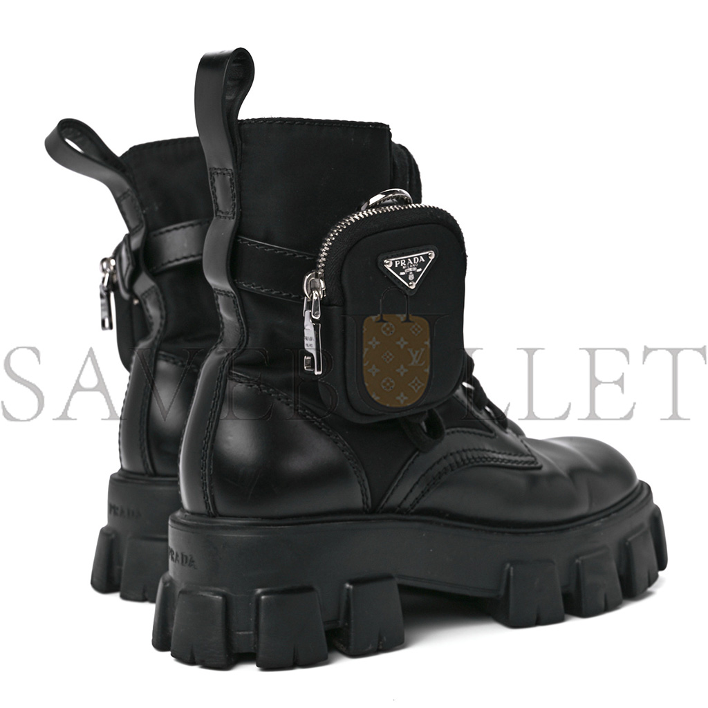 PRADA SPAZZOLATO ROIS RE-NYLON METAL TRIANGLE LOGO MONOLITH POUCH POCKET 55MM BOOTS 6 BLACK