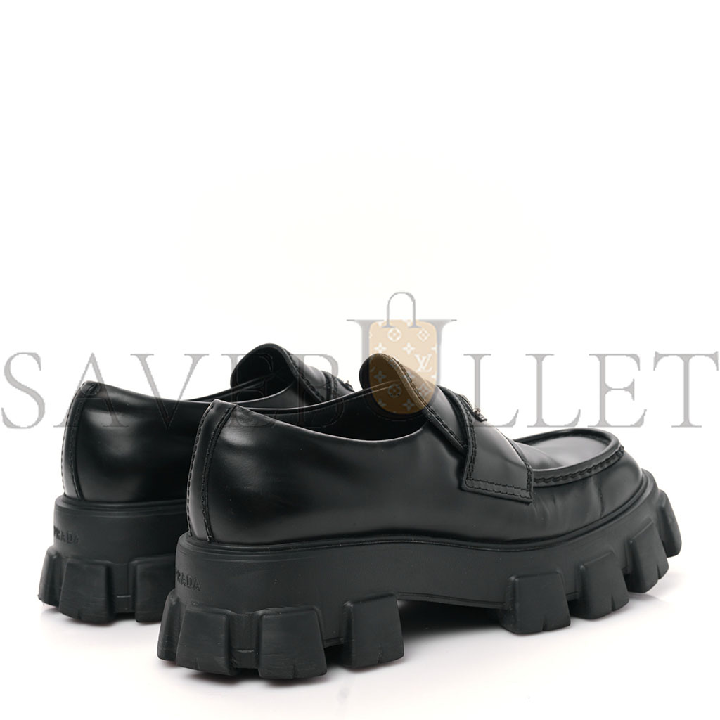 PRADA SPAZZOLATO ROIS METAL TRIANGLE LOGO MENS MONOLITH 55MM LOAFERS 6 BLACK