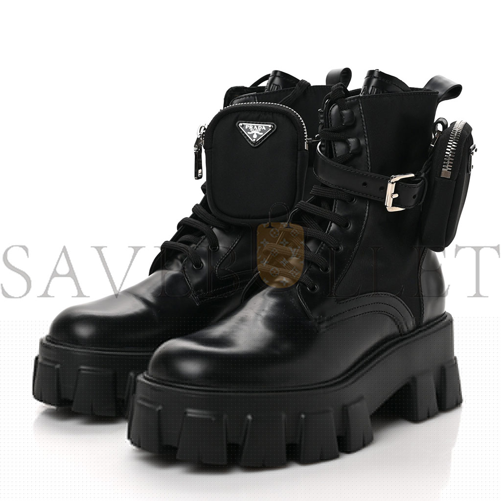 PRADA SPAZZOLATO ROIS NYLON METAL TRIANGLE LOGO MONOLITH POUCH POCKET 55MM BOOTS 39 BLACK