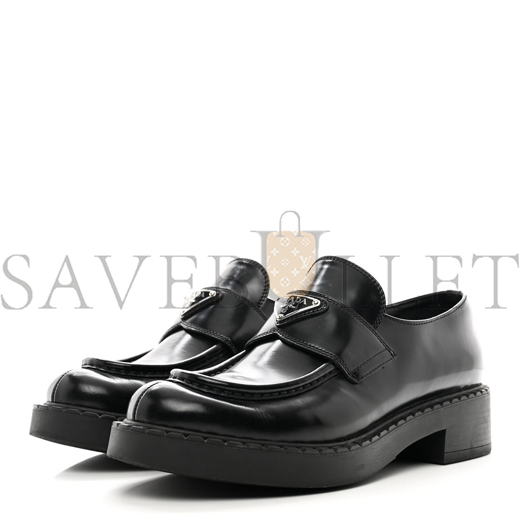PRADA SPAZZOLATO METAL TRIANGLE LOGO 50MM LOAFERS 40.5 BLACK