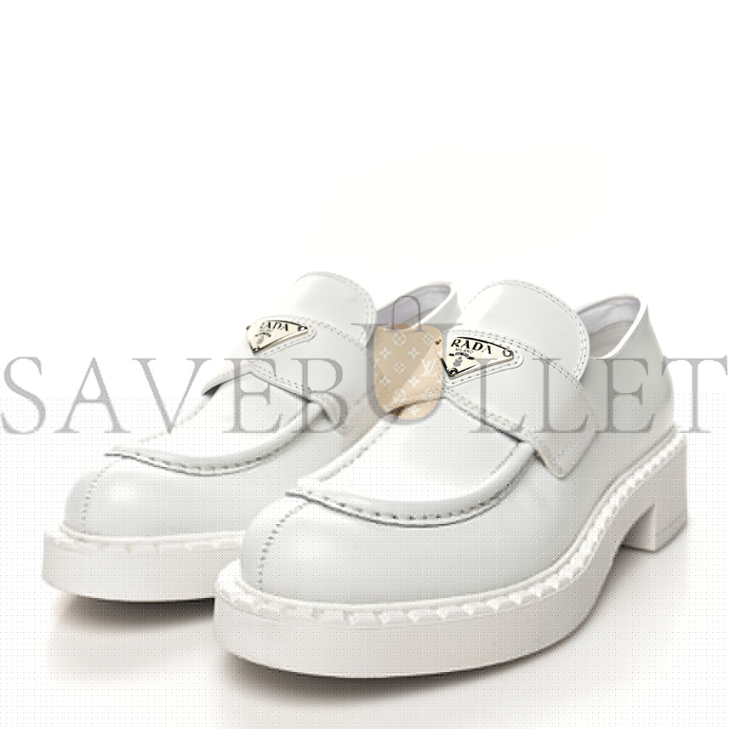 PRADA SPAZZOLATO METAL TRIANGLE LOGO 50MM LOAFERS 39.5 WHITE