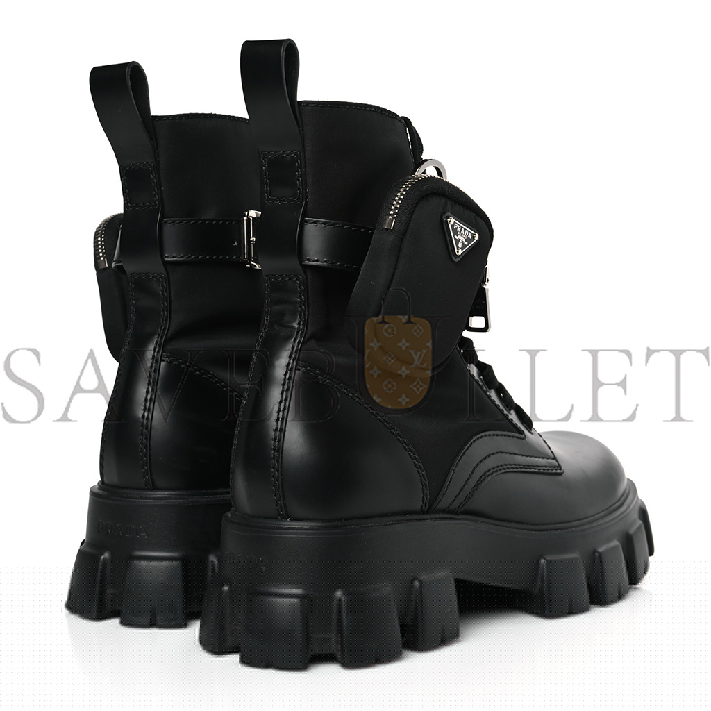 PRADA SPAZZOLATO ROIS RE-NYLON METAL TRIANGLE LOGO MENS MONOLITH POUCH POCKET 60MM COMBAT BOOTS 9.5 BLACK