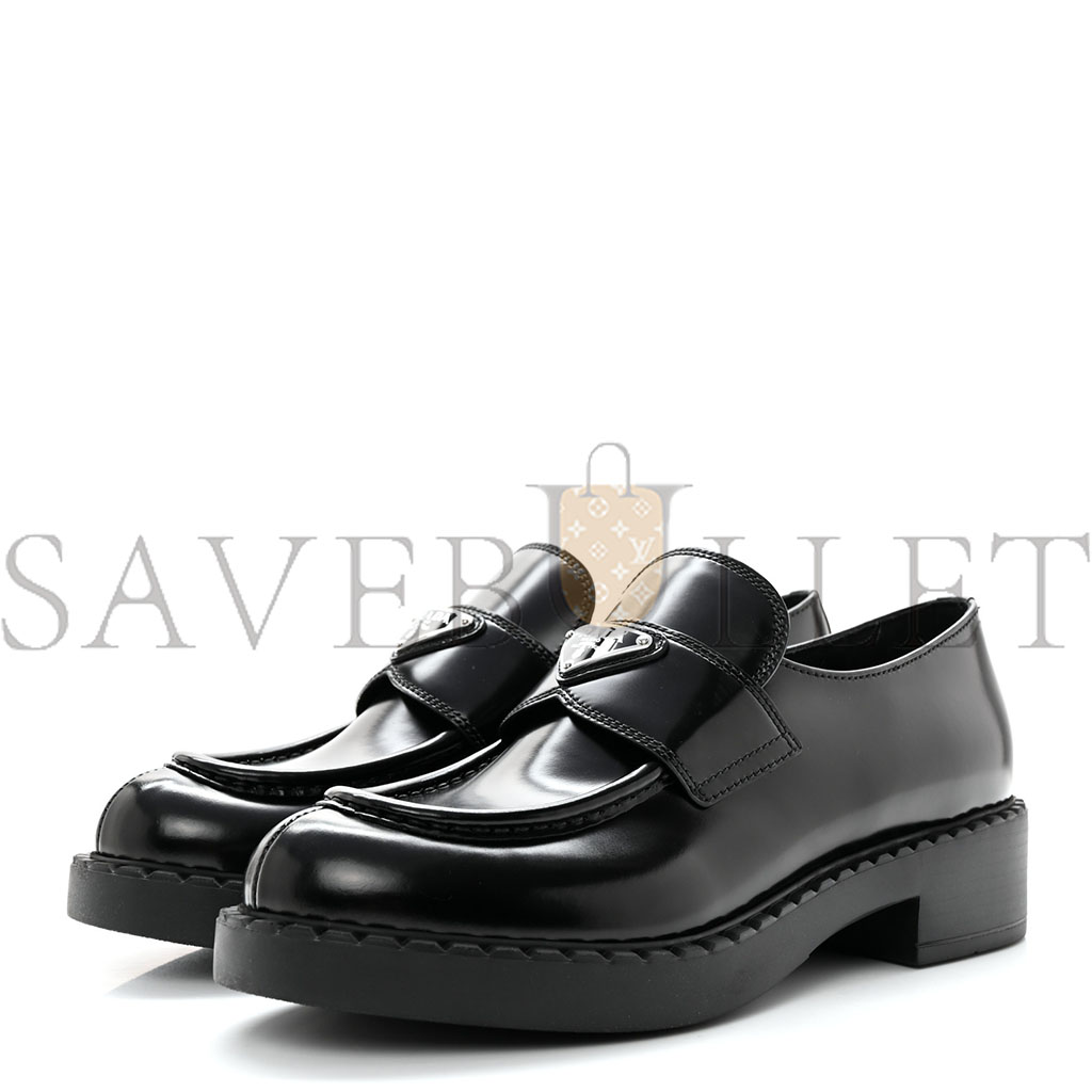 PRADA SPAZZOLATO METAL TRIANGLE LOGO 50MM LOAFERS 40 BLACK