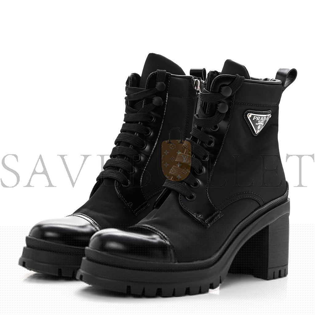 PRADA SPAZZOLATO RE-NYLON METAL TRIANGLE LOGO LACE UP 55MM ANKLE BOOTS 36.5 BLACK