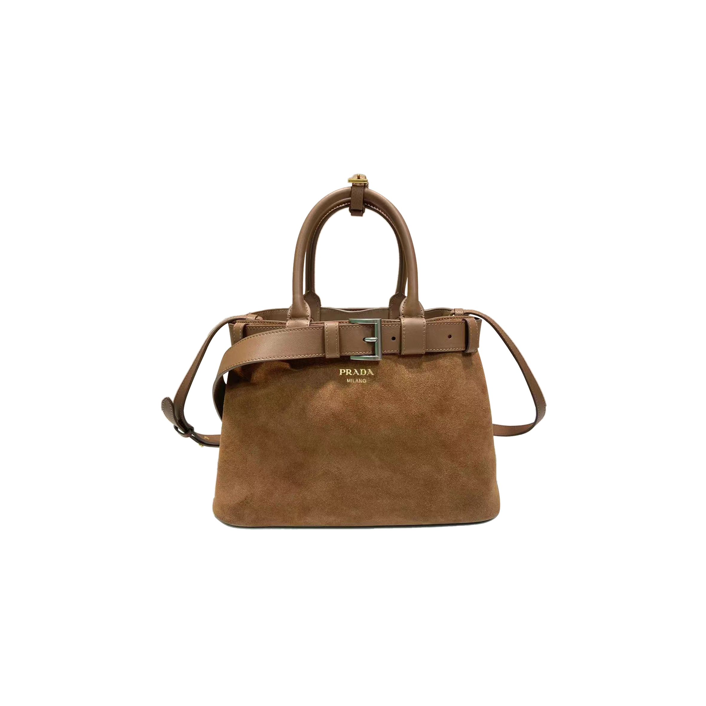 PRADA BUCKLE SUEDE BAG WITH BELT 1BA416 (37.5*27.5*14cm)