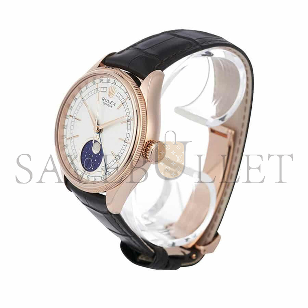 ROLEX CELLINI MOONPHASE WHITE 18K ROSE GOLD LEATHER EVEROSE 39MM WATCH 50535