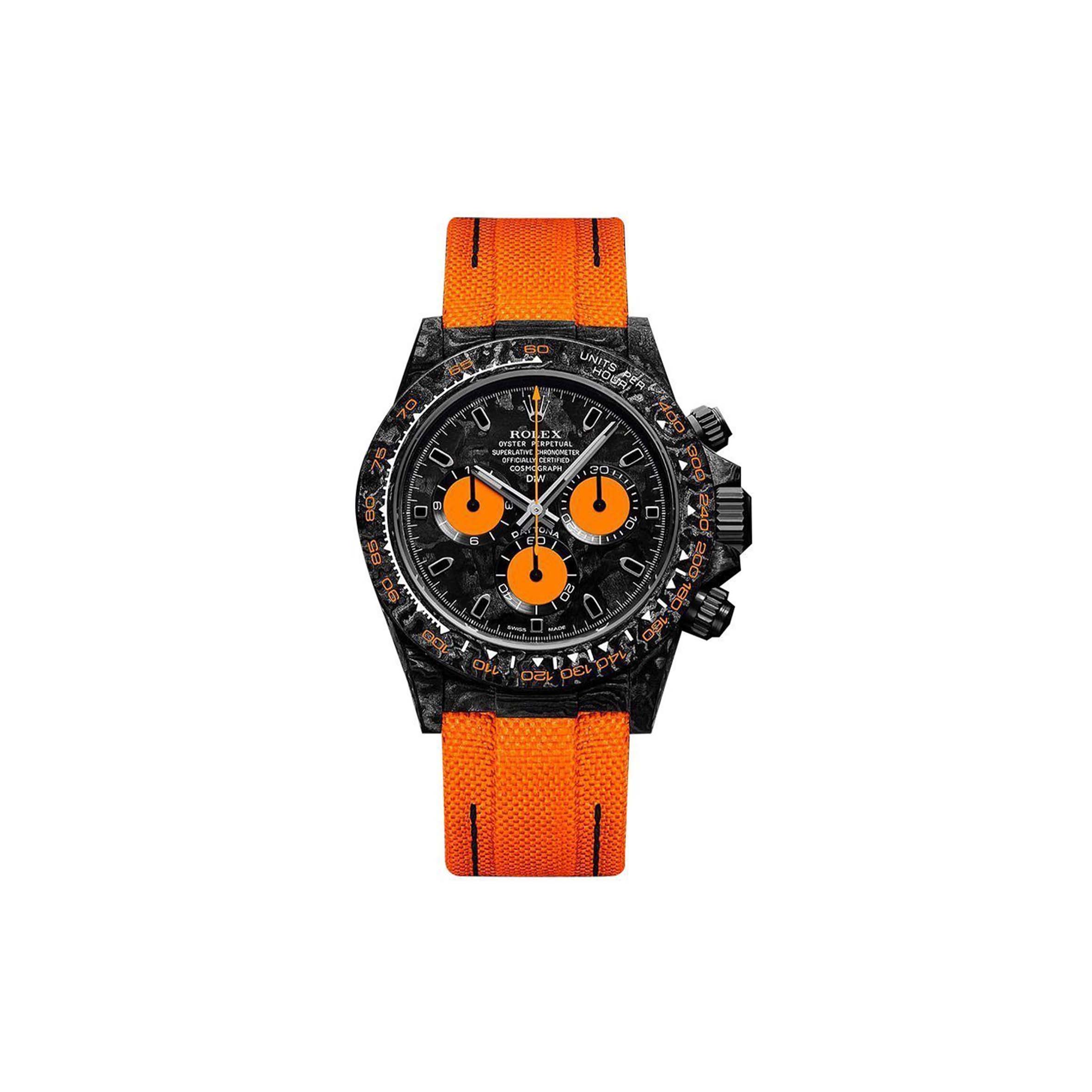 ROLEX DAYTONA DIW CARBON SWISSREPLICA DIAL ORANGE STRAP 40MM WATCH CM002-15C