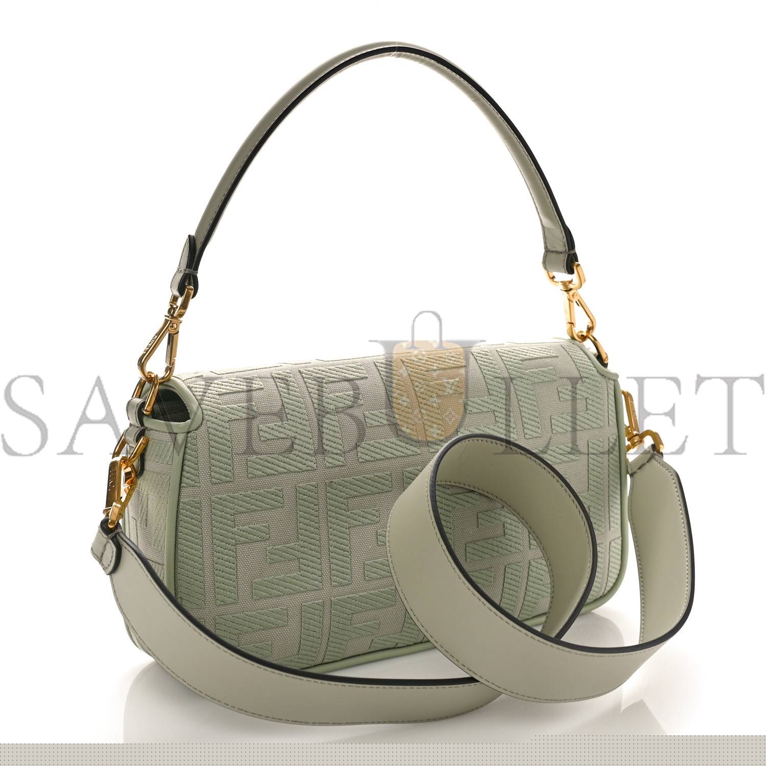 FENDI CANVAS VITELLO KING FF EMBROIDERED BAGUETTE GREEN TEA (29*18*8cm)