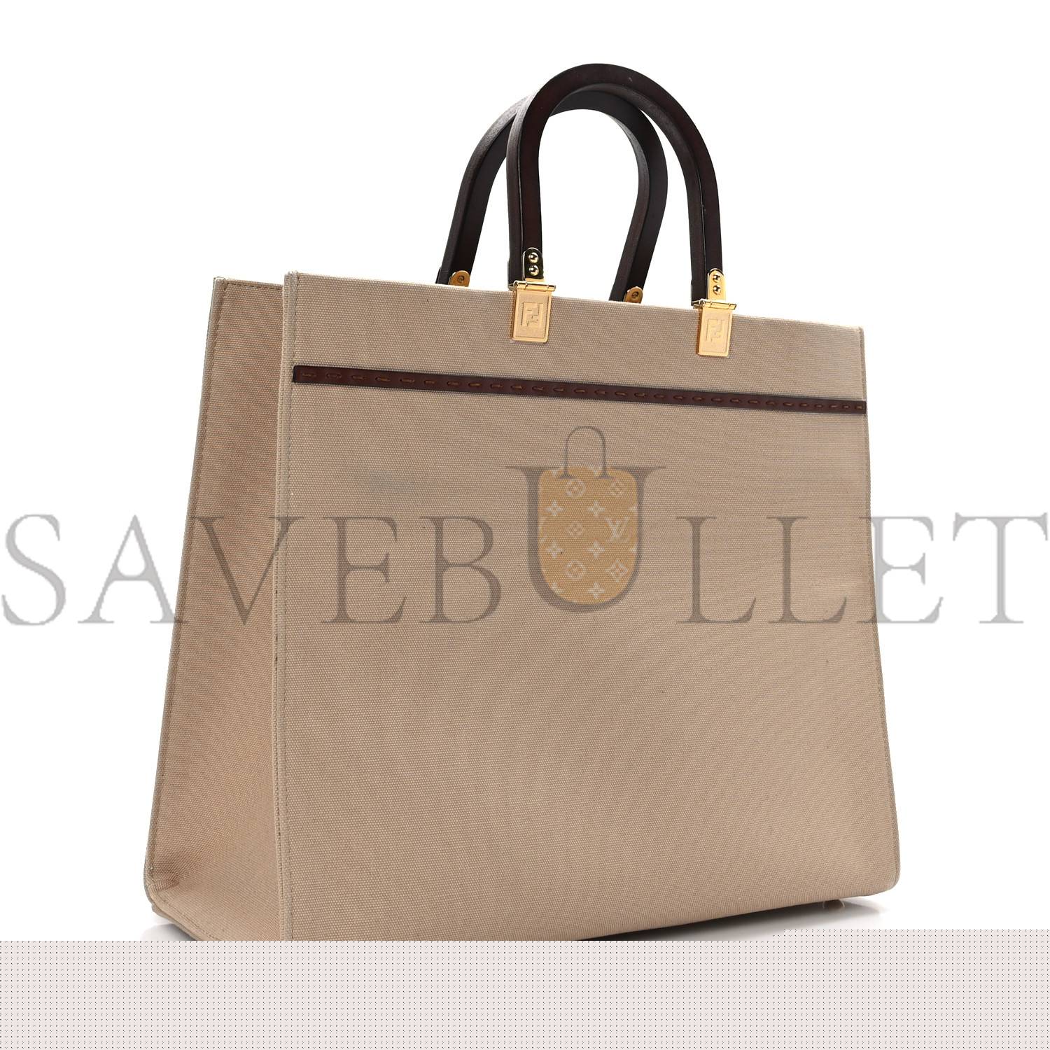 FENDI CANVAS VITELLO KING LOGO EMBROIDERED MEDIUM FENDI SUNSHINE SHOPPER TOTE SAND GHIANDA (35*30*15cm)