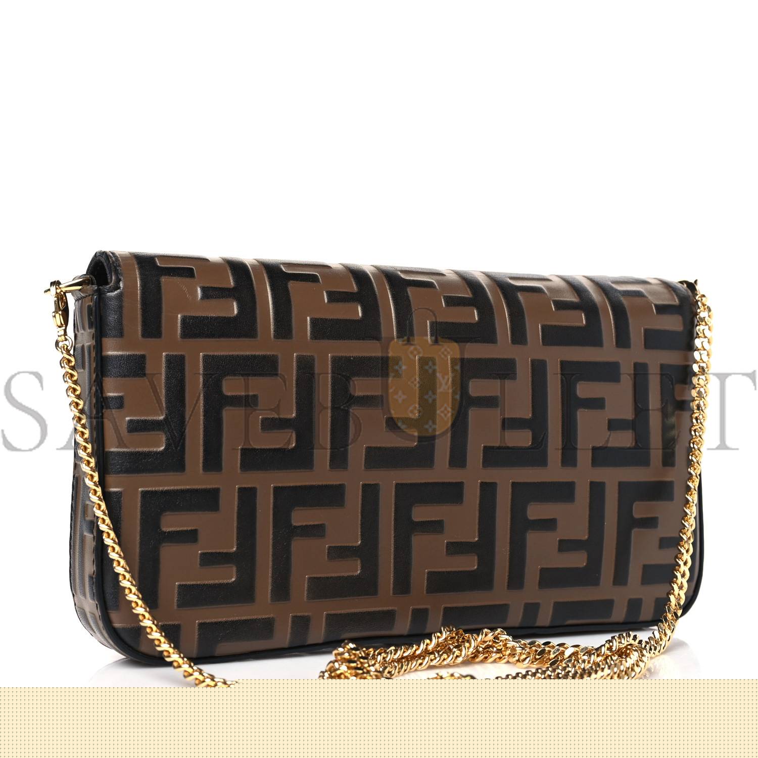 FENDI VITELLO SOFT F IS FENDI BI-COLOR FF 1974 EMBOSSED ENVELOPE WALLET ON CHAIN WITH POUCHES MAYA BLACK (21*12*3cm)