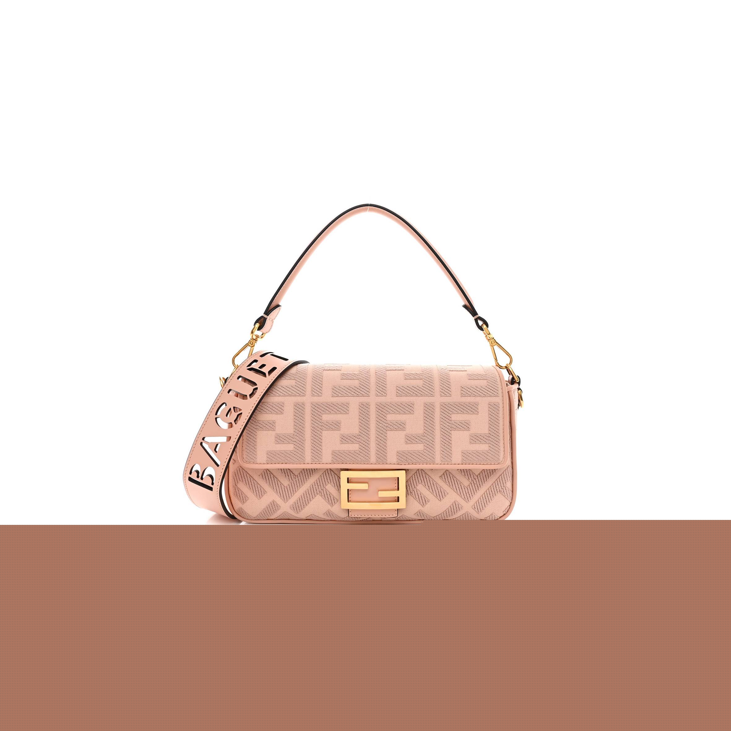 FENDI CANVAS VITELLO KING EXTRA STRAP FF EMBROIDERED BAGUETTE BABY PINK (27*15*6cm)
