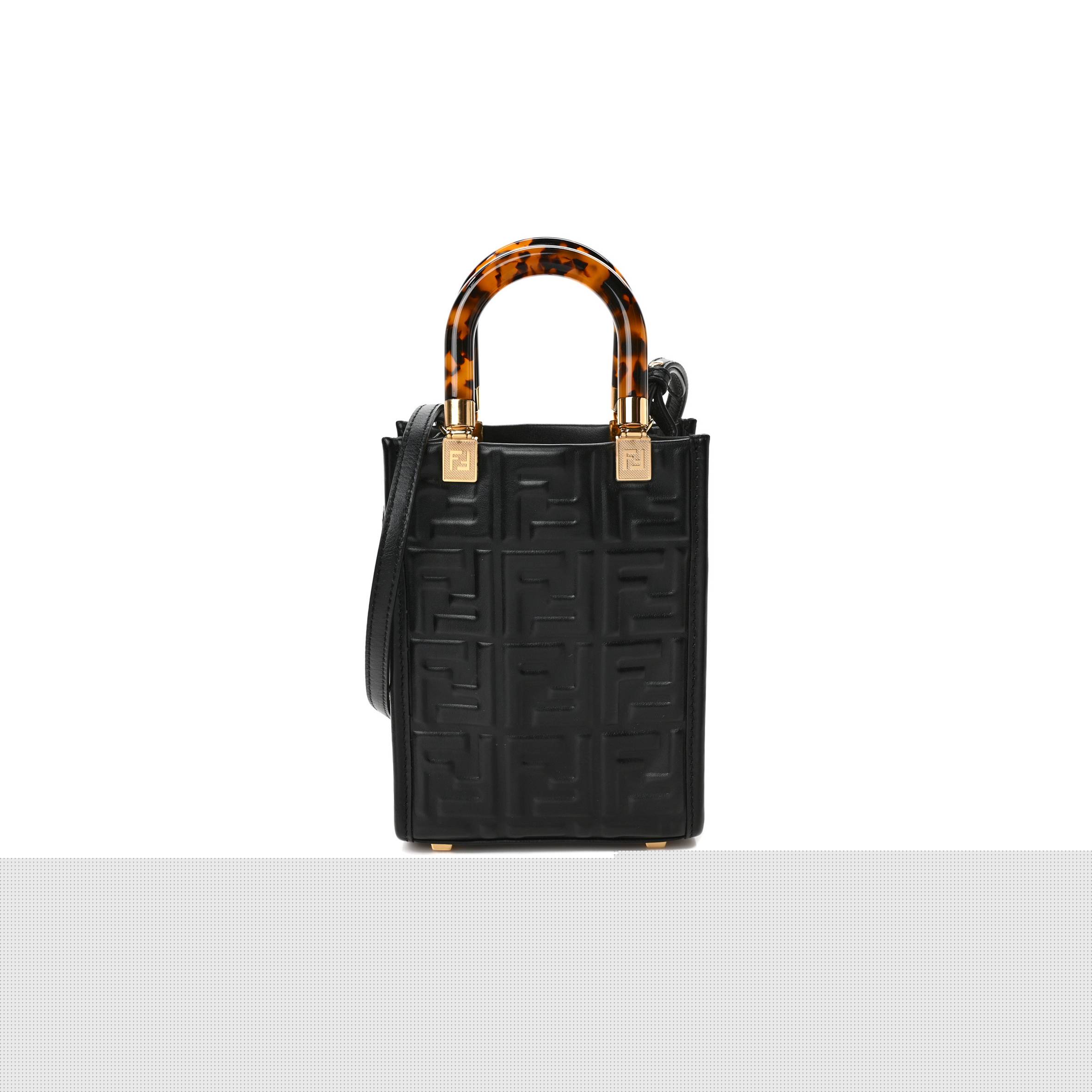 FENDI VITELLO PLEXIGLASS FF EMBOSSED MINI FENDI SUNSHINE SHOPPER TOTE BLACK  (18*13*6cm)