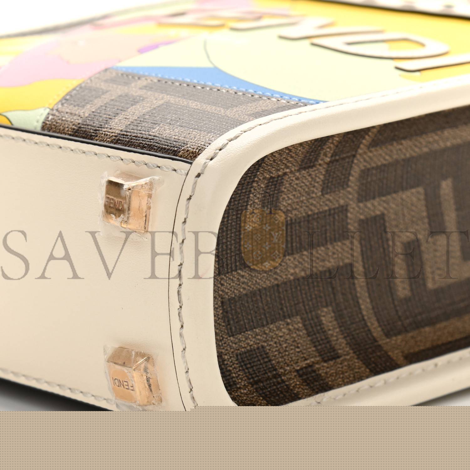 FENDI GLAZED FABRIC VITELLO KING PLEXIGLASS FF 1974 LOGO HAIRDO GIRLS INLAY MINI FENDI SUNSHINE SHOPPER TOTE MOGANO PANNA MULTICOLOR (17*13*5cm)