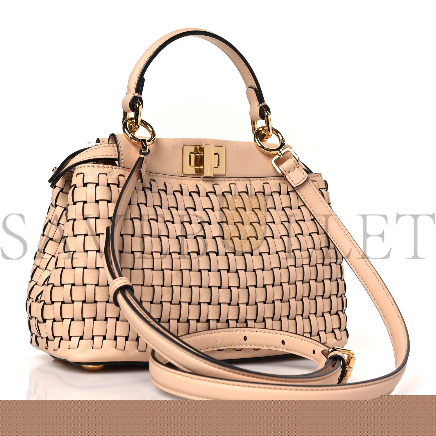 FENDI VITELLO GRACE INTRECCIO MINI PEEKABOO ICONIC SATCHEL LIGHT ROSE (23*18*10cm)