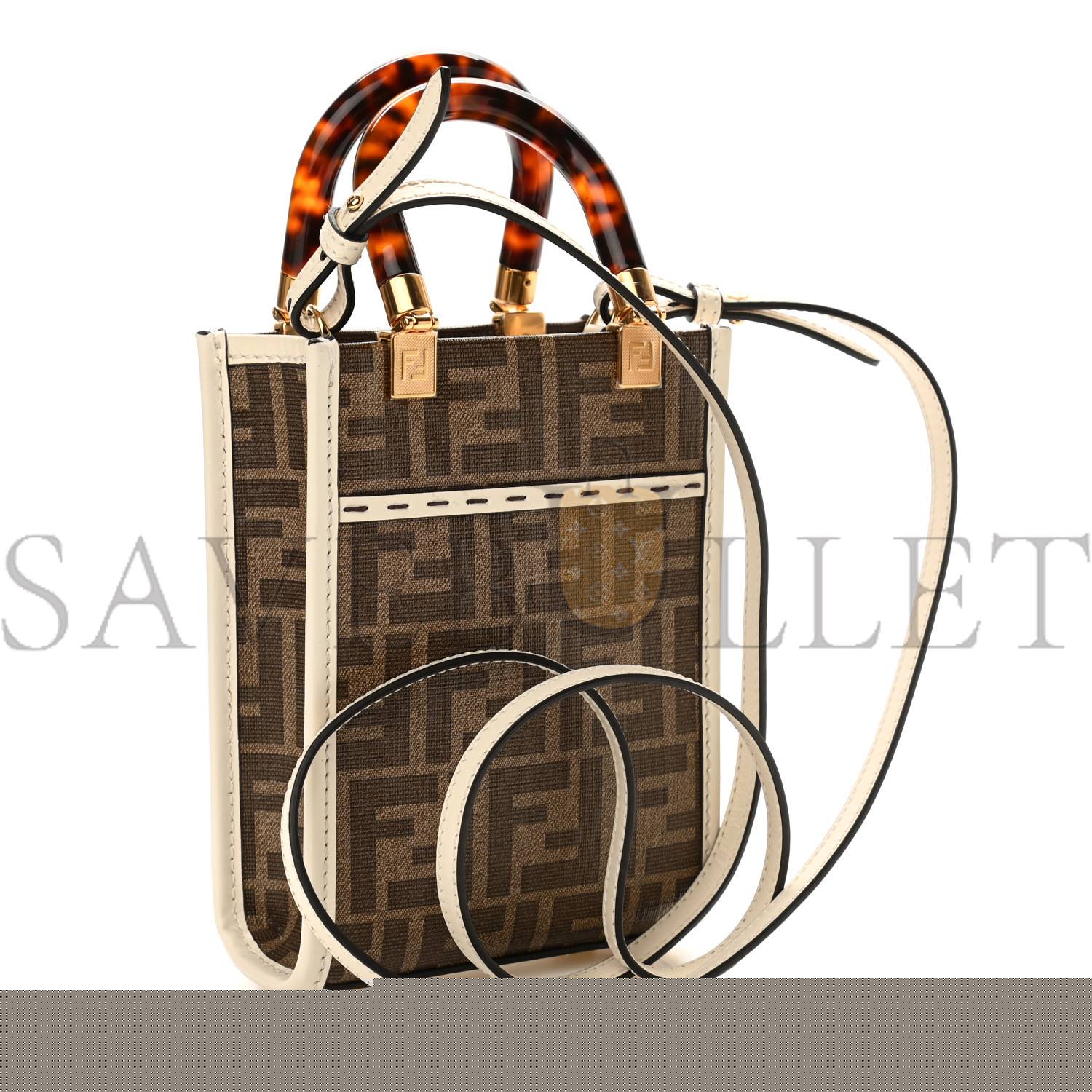 FENDI GLAZED FABRIC VITELLO KING PLEXIGLASS FF 1974 LOGO HAIRDO GIRLS INLAY MINI FENDI SUNSHINE SHOPPER TOTE MOGANO PANNA MULTICOLOR (17*13*5cm)
