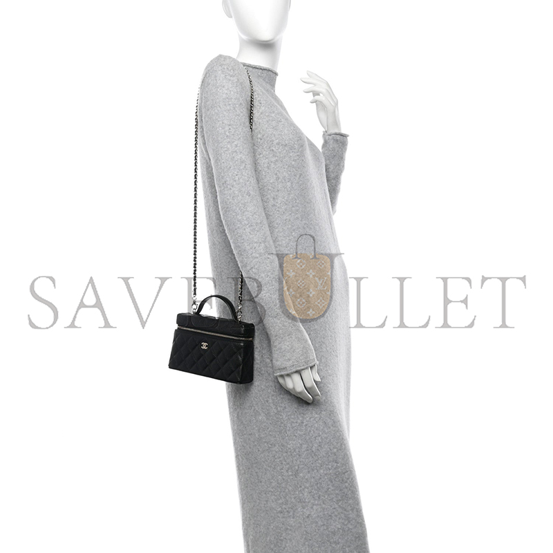 CHANEL CAVIAR QUILTED TOP HANDLE SLIM VANITY WITH CHAIN BLACK AP4385 (19.5*17*5cm)