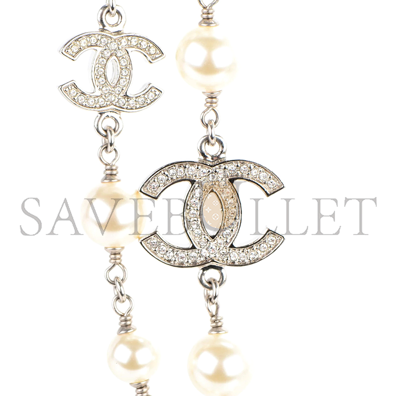 CHANEL CRYSTAL PEARL CC LONG NECKLACE SILVER 260MM 169293