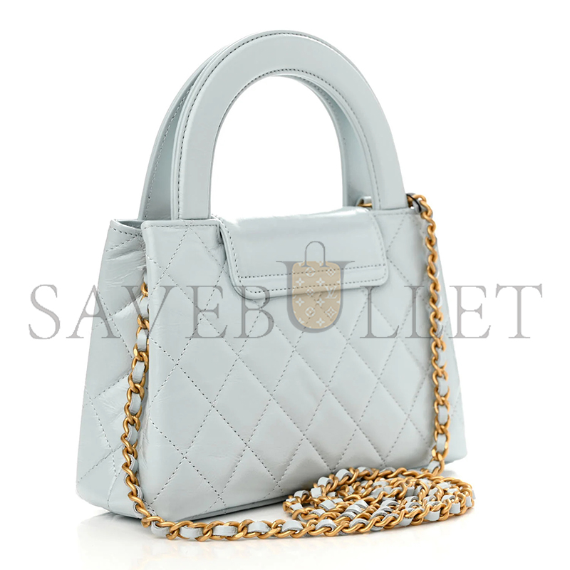 CHANEL SHINY AGED CALFSKIN QUILTED NANO KELLY SHOPPER LIGHT BLUE AS4461 01 (19*13*6cm)