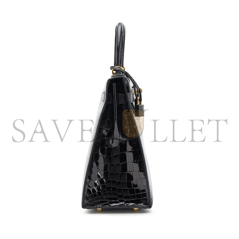 HERMÈS BLACK SHINY NILOTICUS CROCODILE SELLIER KELLY 32 GOLD HARDWARE (32*23*11cm)