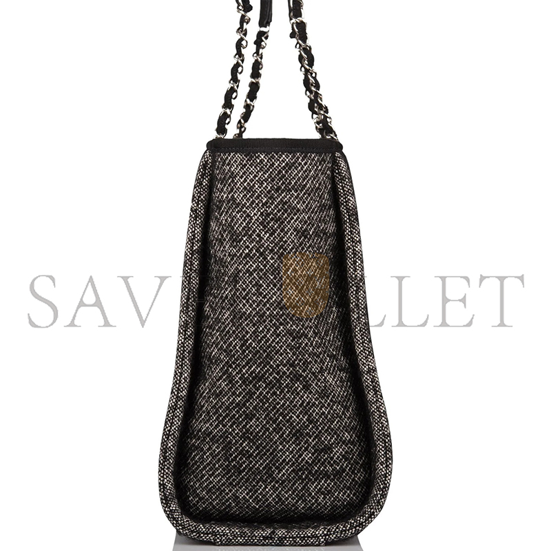 CHANEL SMALL DEAUVILLE SHOPPING BAG BLACK WOOL SILVER HARDWARE  (35*27*16cm)