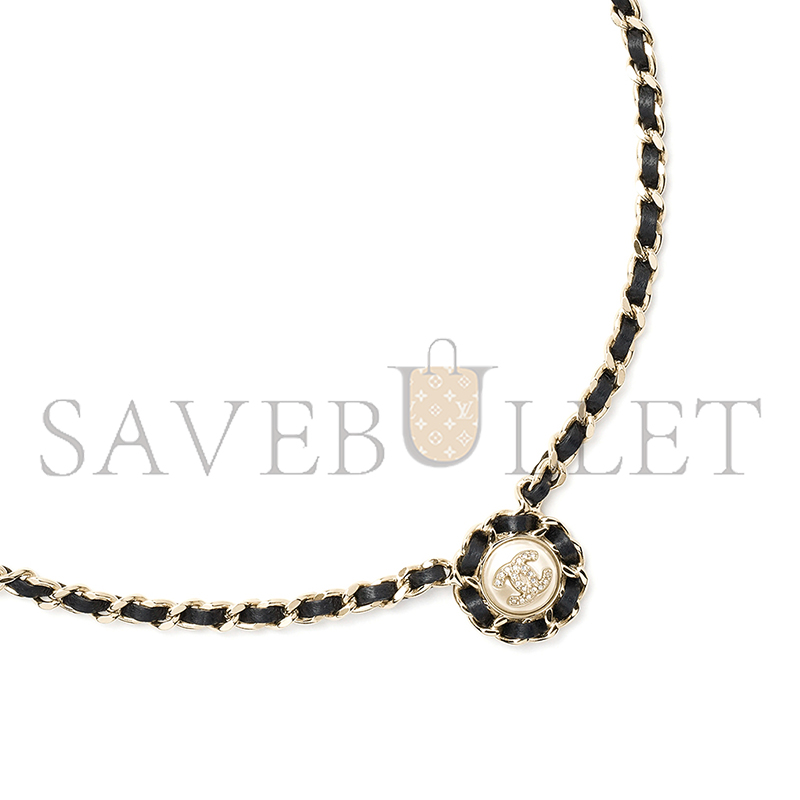 CHANEL NECKLACE METAL, LAMBSKIN, RESIN & DIAMANTÉ GOLD, BLACK, PEARLY WHITE & CRYSTAL ABG560