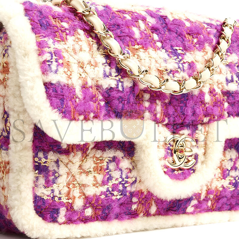 CHANEL LARGE FLAP BAG TWEED, SHEARLING LAMBSKIN & GOLD-TONE METAL FUSCHIA, PINK, BEIGE & BROWN AS5686 (26.5*16.5*9cm)