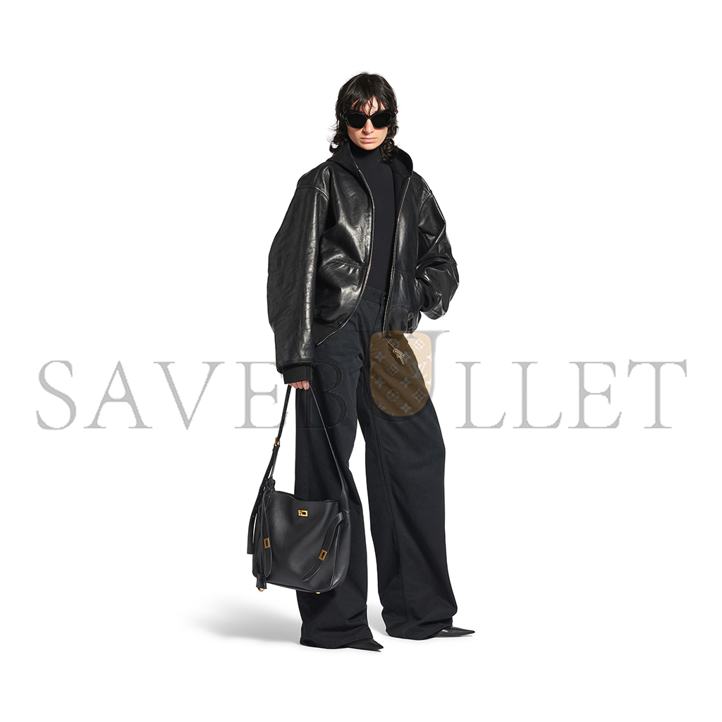 BALENCIAGA BEL AIR SMALL HOBO BAG IN BLACK SMOOTH CALFSKIN, GOLD HARDWARE 8110182ABAV1000 (26.9*25.9*9.9cm)