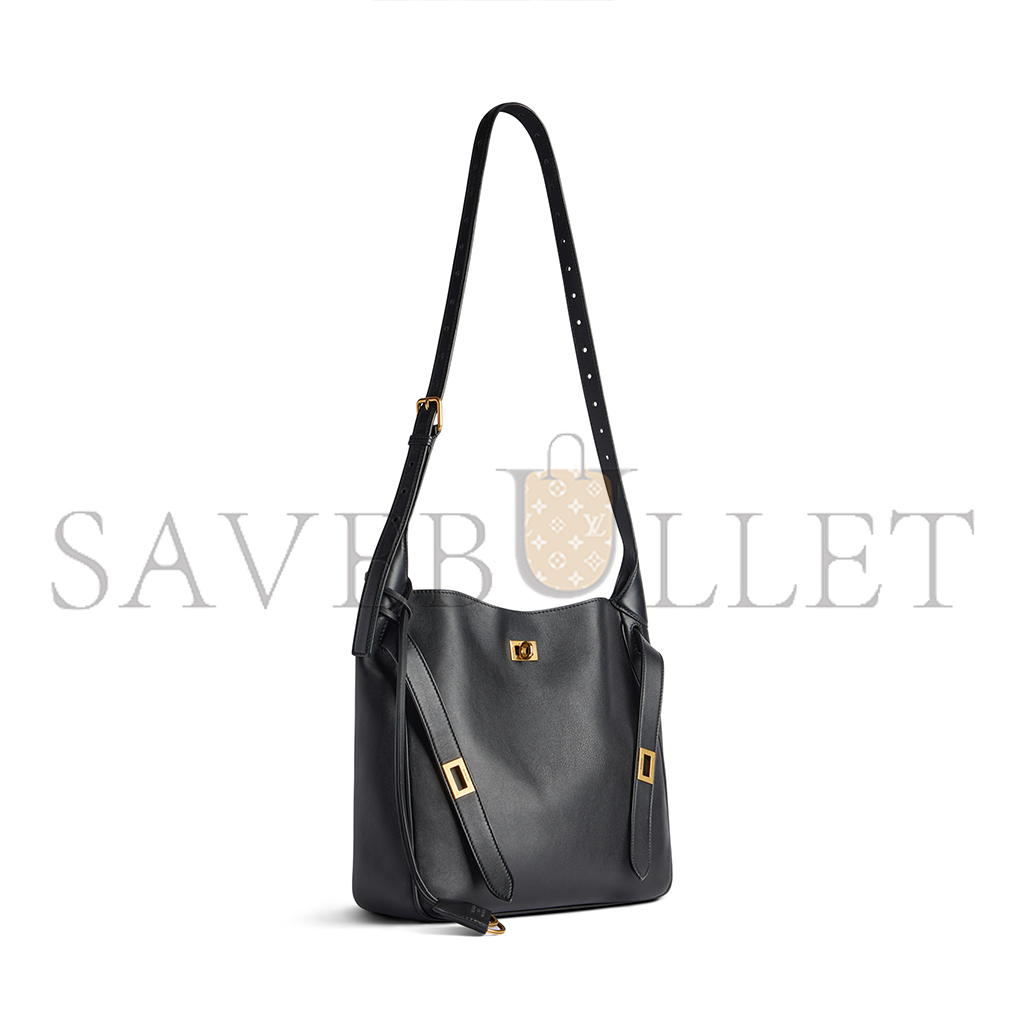 BALENCIAGA BEL AIR SMALL HOBO BAG IN BLACK SMOOTH CALFSKIN, GOLD HARDWARE 8110182ABAV1000 (26.9*25.9*9.9cm)