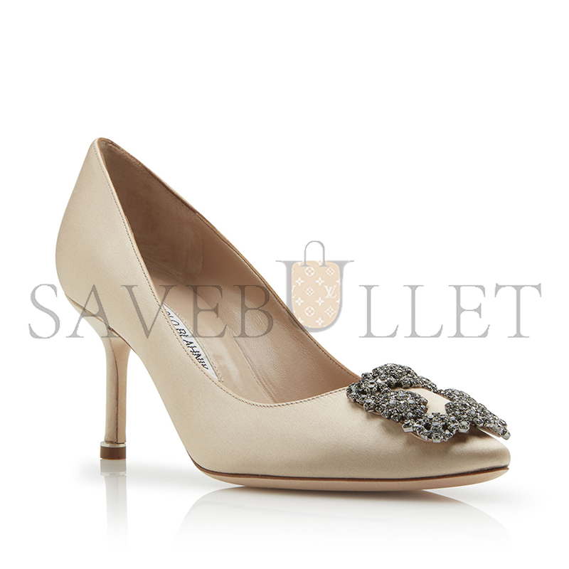 MANOLO BLAHNIK HANGISI 70 CHAMPAGNE SATIN JEWEL BUCKLE PUMPS 9XX-0662-0034