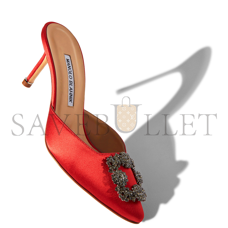 MANOLO BLAHNIK HANGISIMU RED SATIN JEWEL BUCKLE MULES 9XX-0726-0041