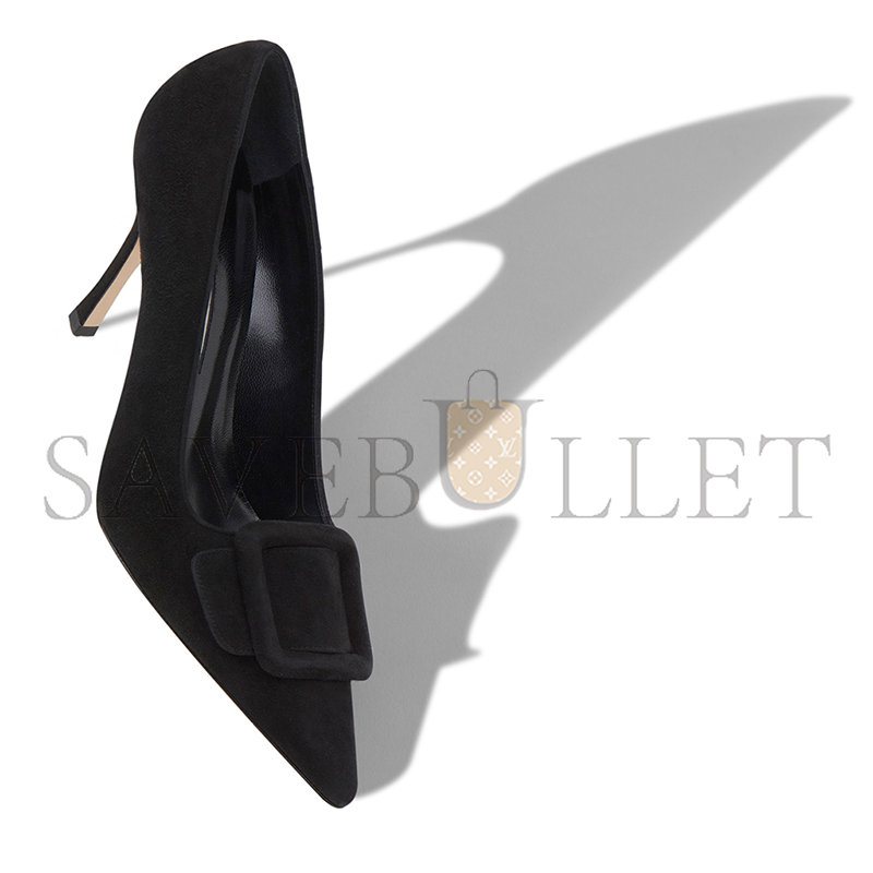 MANOLO BLAHNIK MAYSALEPUMP 90 JET BLACK SUEDE BUCKLE DETAIL PUMPS 219-0174-0005