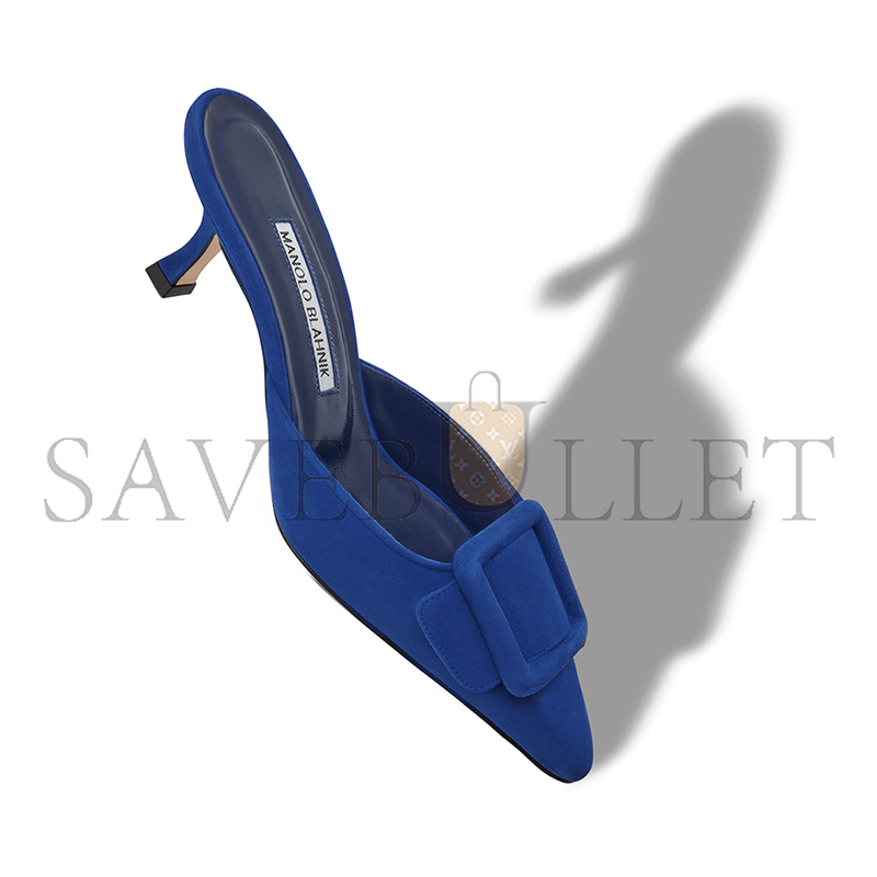MANOLO BLAHNIK MAYSALE BLUE SUEDE BUCKLE DETAIL MULES 9XX-0246-0026