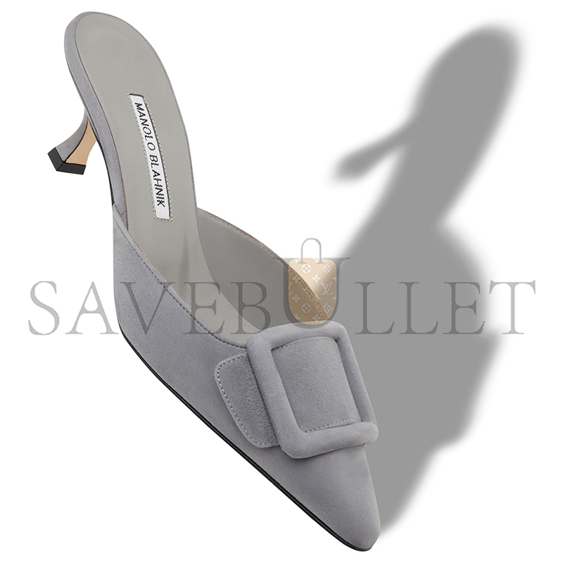 MANOLO BLAHNIK MAYSALE GREY SUEDE BUCKLE DETAIL MULES 9XX-0246-0068