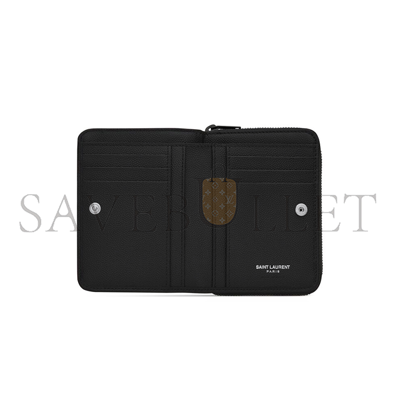 YSL CASSANDRE MATELASSÉ COMPACT ZIP AROUND WALLET IN GRAIN DE POUDRE LEATHER 668288BOW081000 (12*10*3cm)