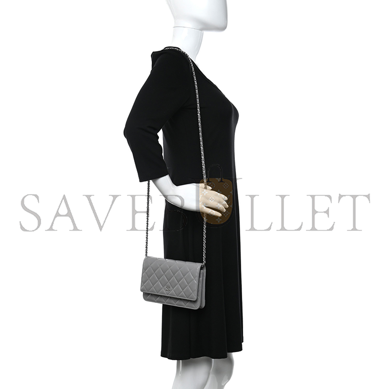 CHANEL LAMBSKIN QUILTED WALLET ON CHAIN WOC GREY (19*13*3cm)