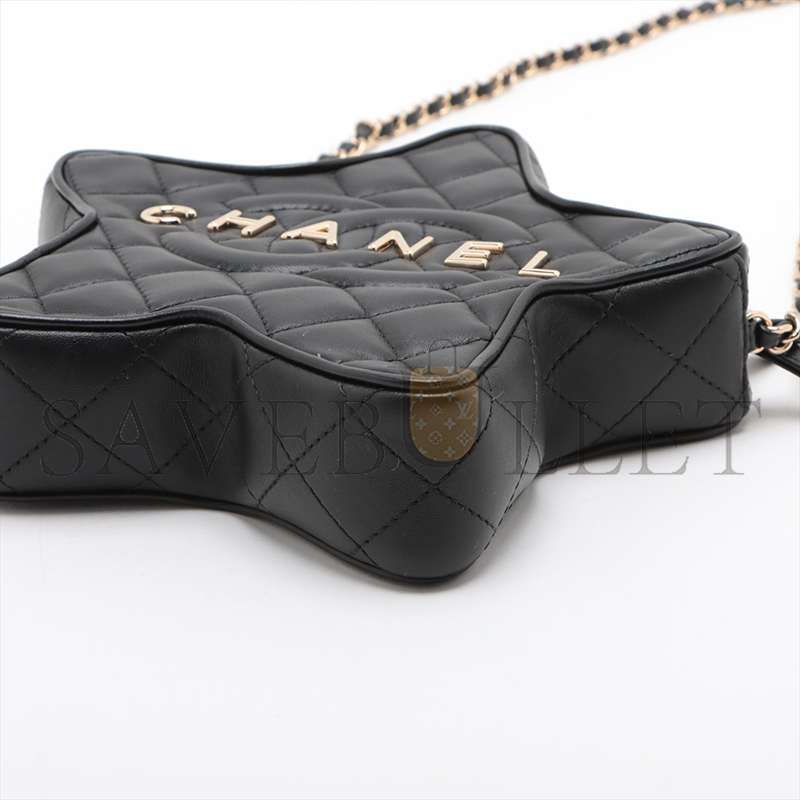 CHANEL LAMBSKIN CHAIN SHOULDER BAG STAR BLACK GOLD METAL FITTI AS4579 (22.5*6cm)