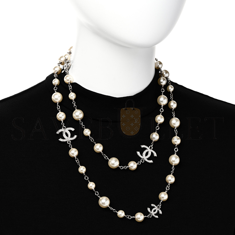 CHANEL GRADUATED PEARL CRYSTAL CC LONG NECKLACE SILVER