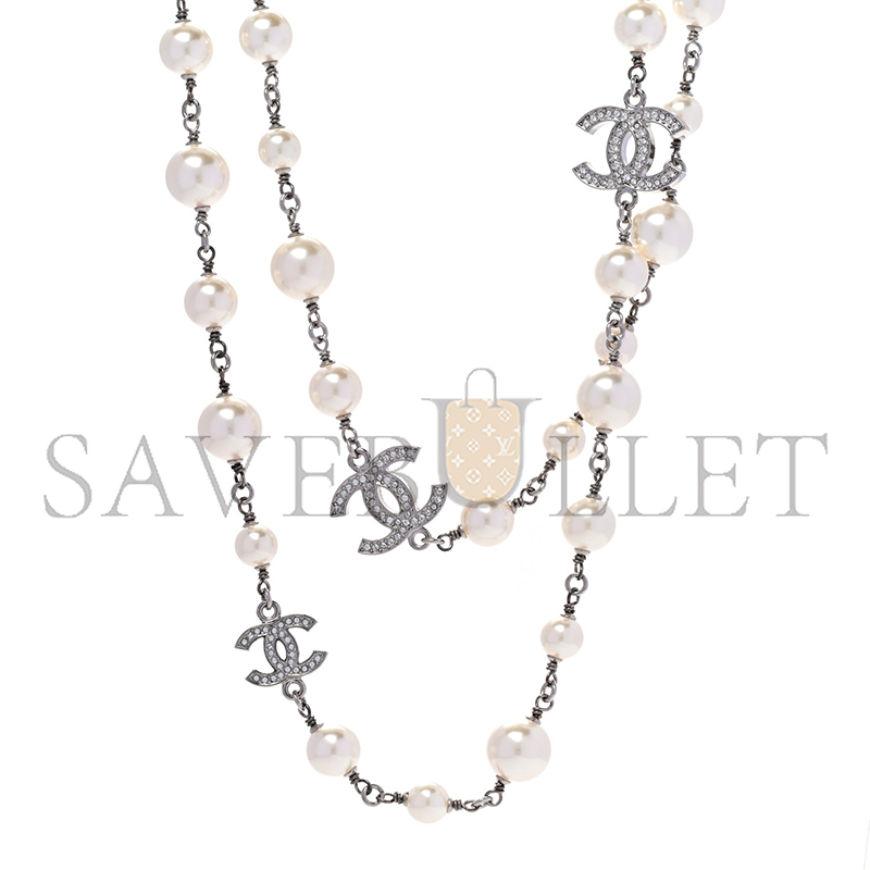 CHANEL GRADUATED PEARL CRYSTAL CC LONG NECKLACE SILVER