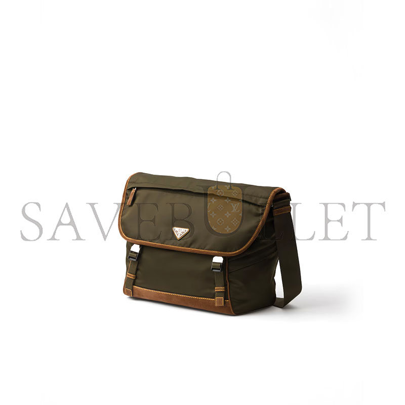PRADA LARGE RE-NYLON AND SUEDE SHOULDER BAG 2VD052 (30*29.5*14.5cm)