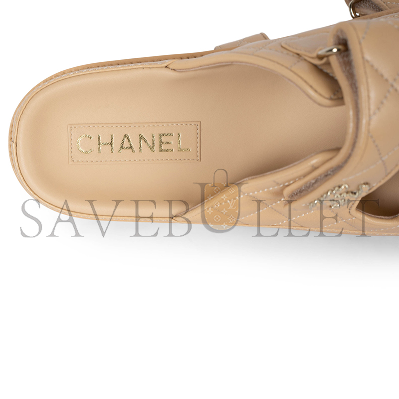 CHANEL LAMBSKIN QUILTED VELCRO DAD CHAIN CC SLIDE SANDALS