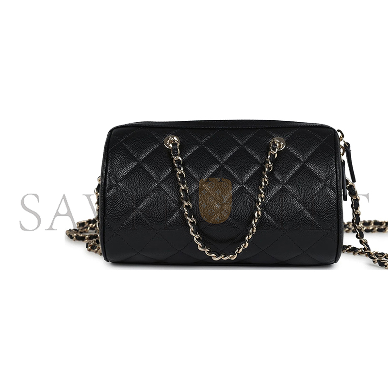 CHANEL MASTER MINI TIMELESS CLASSIC BARREL BAG WITH CHAIN BLACK SHINY CAVIAR LIGHT GOLD HARDWARE AS0932 (18*13*10cm)