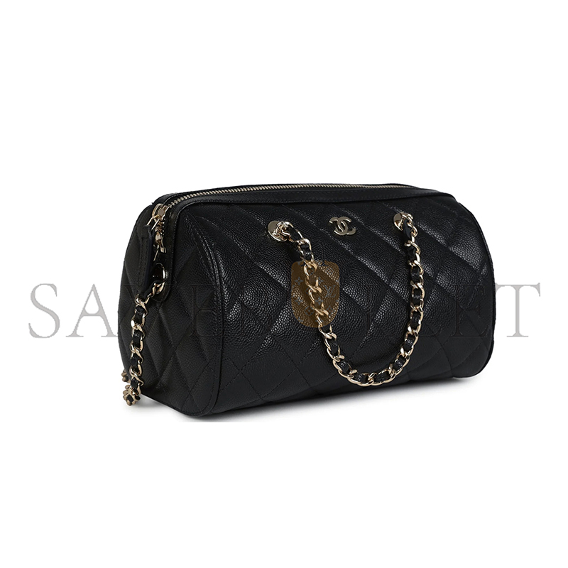 CHANEL MASTER MINI TIMELESS CLASSIC BARREL BAG WITH CHAIN BLACK SHINY CAVIAR LIGHT GOLD HARDWARE AS0932 (18*13*10cm)