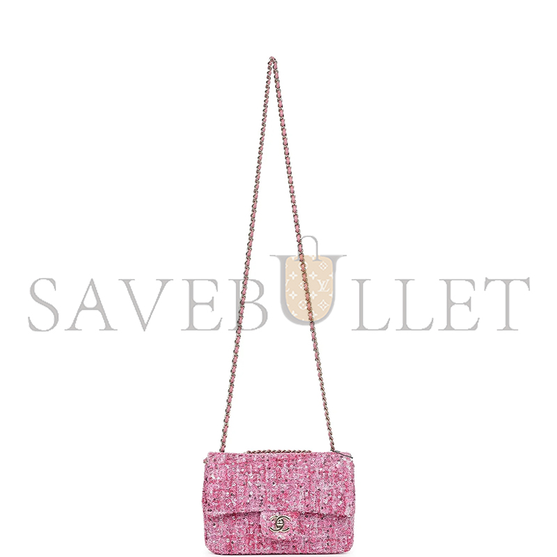 CHANEL MASTER MINI CLASSIC RECTANGULAR FLAP BAG PINK TWEED AND SEQUIN GOLD HARDWARE (20*13*6cm)
