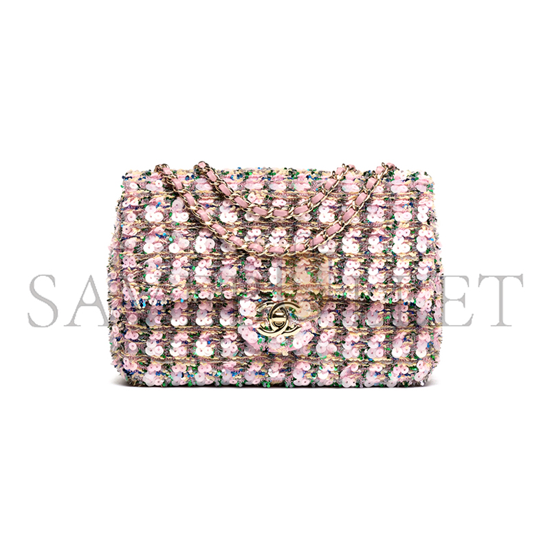 CHANEL MASTER FLAP BAG SEQUINS & GOLD-TONE METAL LIGHT PINK, GREEN & YELLOW AS4561 (21*14*8cm)