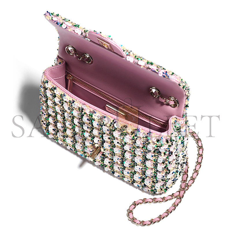 CHANEL MASTER FLAP BAG SEQUINS & GOLD-TONE METAL LIGHT PINK, GREEN & YELLOW AS4561 (21*14*8cm)