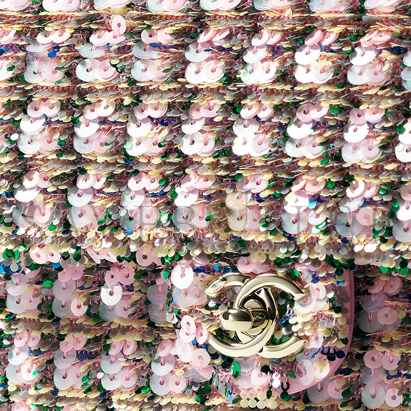 CHANEL MASTER FLAP BAG SEQUINS & GOLD-TONE METAL LIGHT PINK, GREEN & YELLOW AS4561 (21*14*8cm)