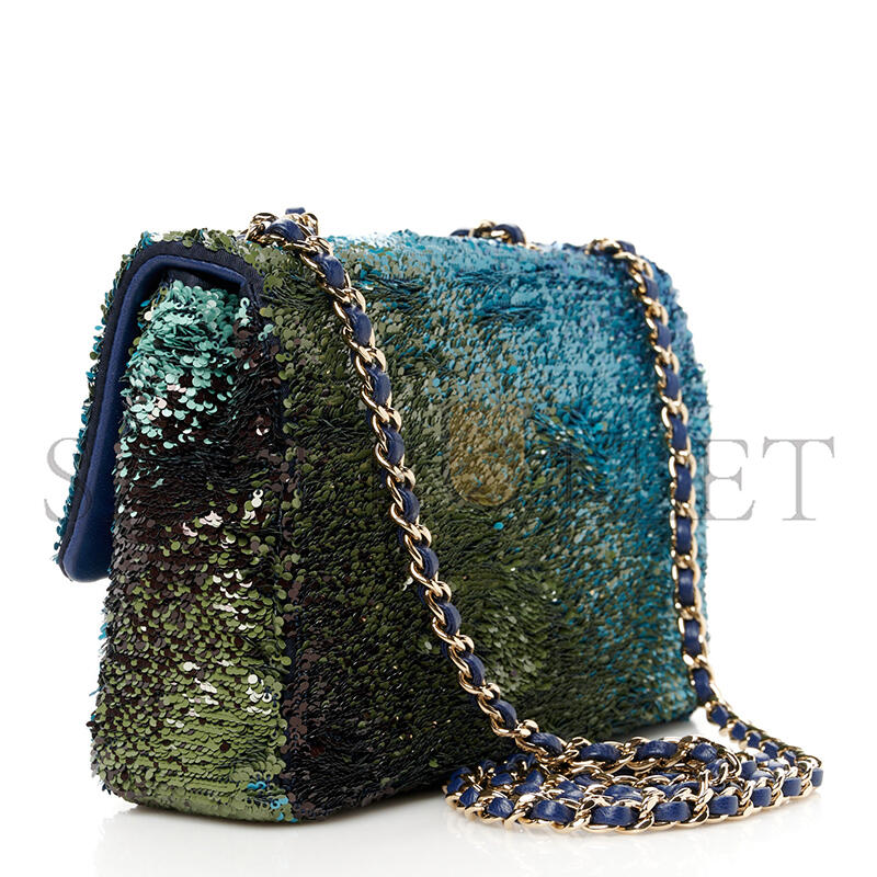 CHANEL MASTER SHADED SEQUINS MINI FLAP LIGHT GREEN DARK BROWN WHITE BLUE 1585379 (20*14*7cm)