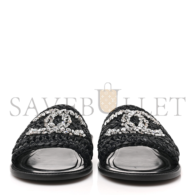 CHANEL RAFFIA CRYSTAL CC MULES SANDALS 1319546